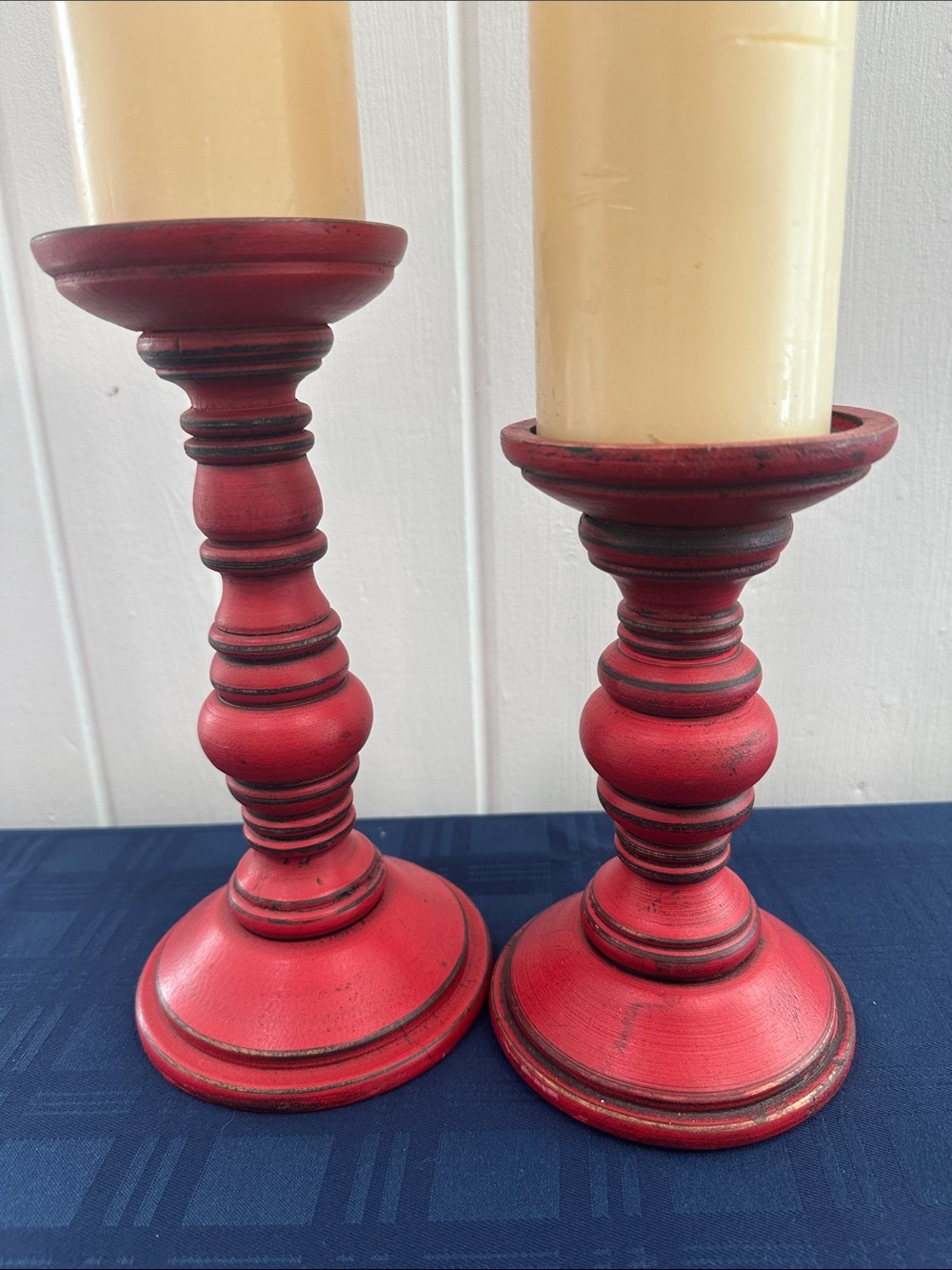 Red Distressed Wooden Candlestick Pair - Home Accents